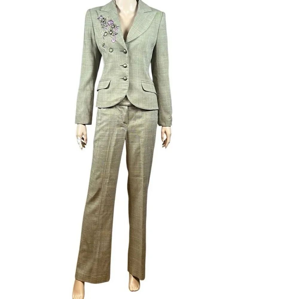 Vintage J Jodi Embroidered Plaid Pantsuit Olive Size 6 (048)